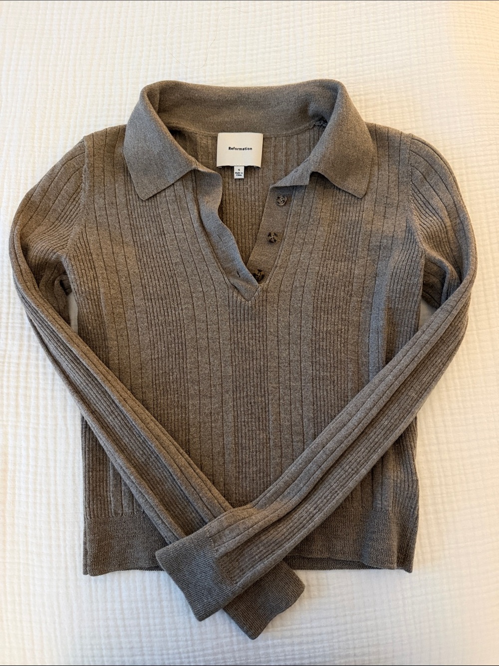 Reformation Taupe Ribbed V-Neck Polo Sweater